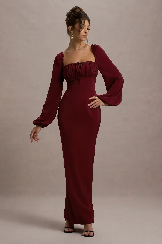 Nika | Berry Satin Square-Neck Balloon-Sleeve Maxi Dress Corset maxi dresses