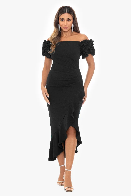 Petite "Loretta" Scuba Crepe Off the Shoulder Ruffle Sleeve Midi Dress Flowy midi dresses