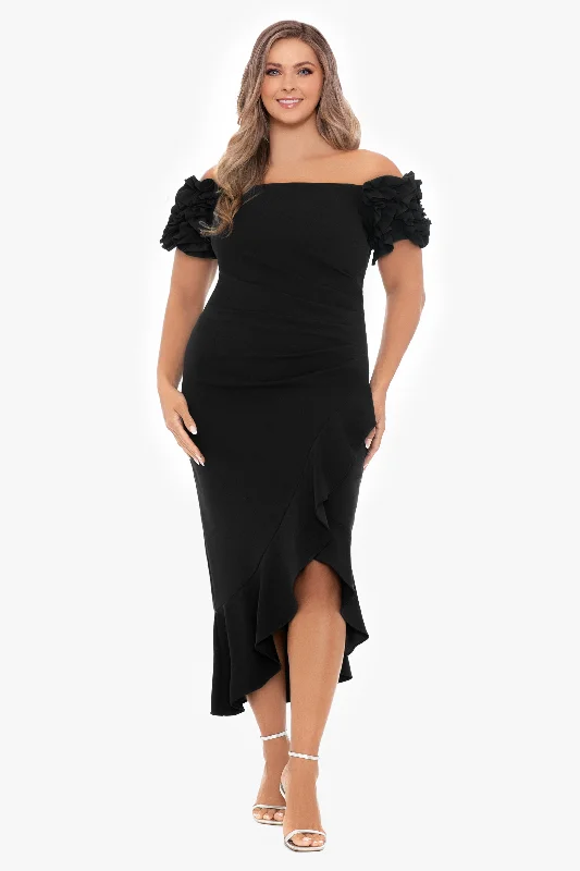 Plus "Loretta" Scuba Crepe Off the Shoulder Ruffle Sleeve Midi Dress Chic midi dresses