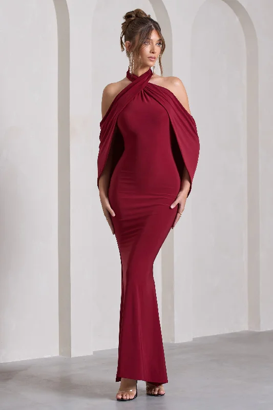 Revelation | Berry Red Crossed Halter-Neck Fishtail Maxi Dress With Cape Best maxi dresses for elegant looks