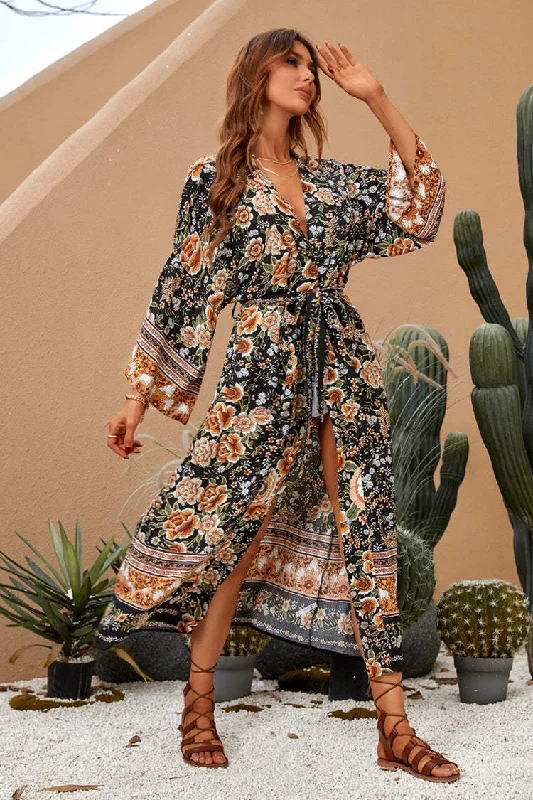 Shaken Leaves Floral Boho Maxi Dress Red carpet maxi dresses