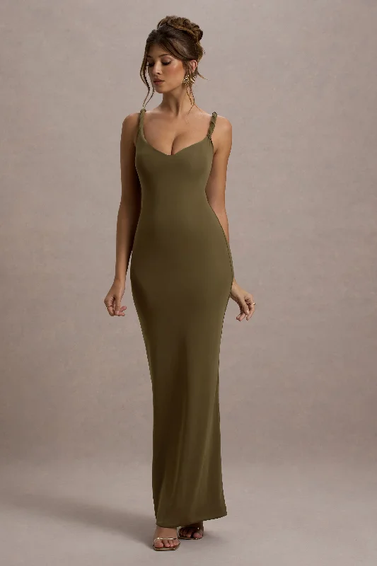 Twist Of Fate | Khaki Green Twist-Neck Maxi Dress Sexy maxi dresses