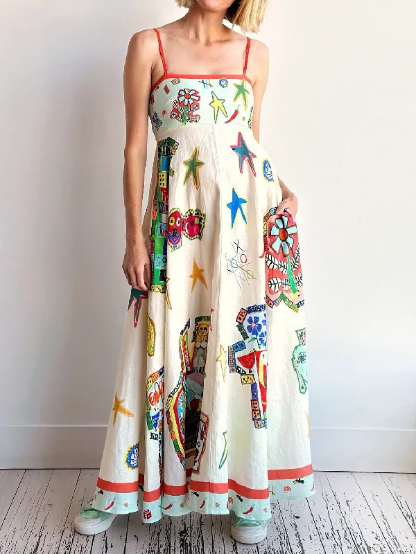 Unique Graffiti Print Suspenders Graceful Long Swing Midi Dress Office midi dresses