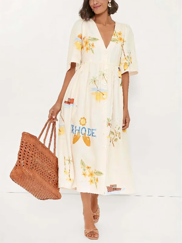 Unique Holiday Folk Floral Graceful Print Puff Sleeve Midi Dress Vacation midi dresses