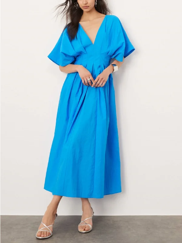 V-Neck Short Sleeve Charming Midi Dress In Blue Strapless midi dresses