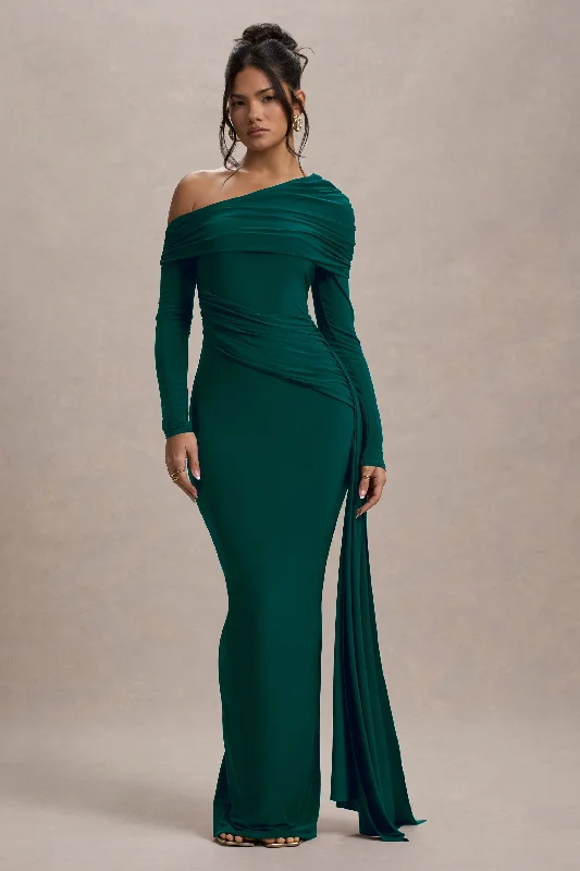 Valina | Green Ruched Asymmetric Maxi Dress With Drape Formal maxi dresses