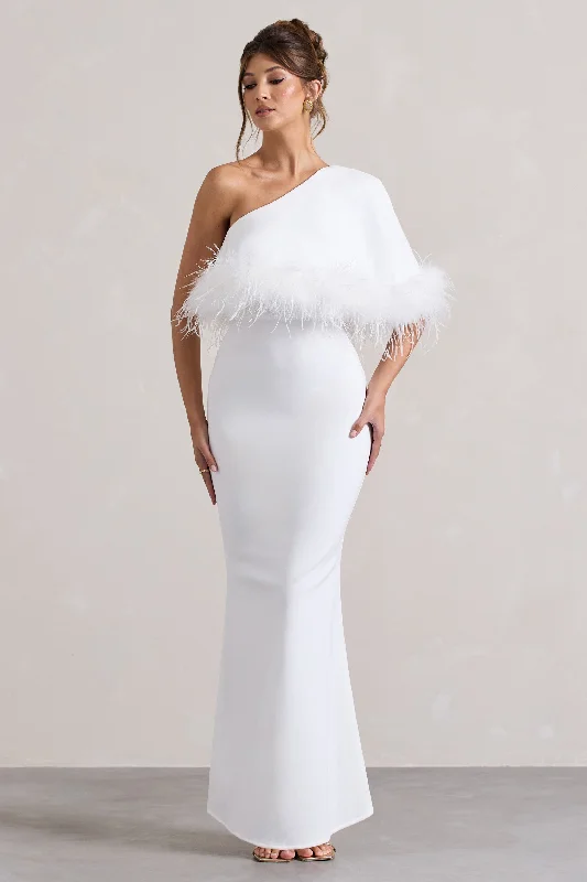 Valor | White Asymmetric Maxi Dress With Feather Trim Sequin maxi dresses