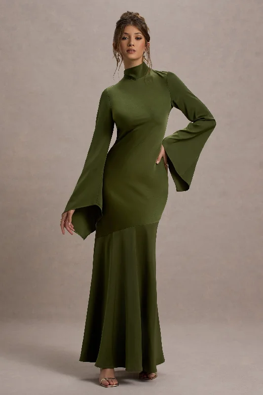 Veena | Olive Green Satin High-Neck Cut-Out Maxi Dress Festival maxi dresses