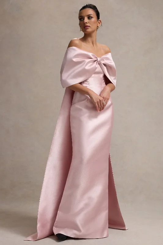 Wanting More | Pink Satin Cape Maxi Dress With Oversized Bow Wedding guest maxi dresses