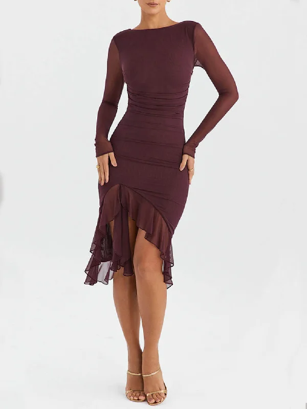 Wine Ruffle Stylish Midi Dress Flattering midi dresses for all body types