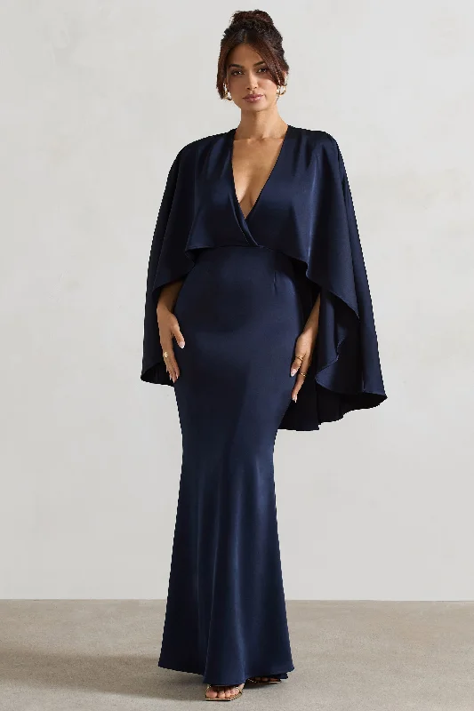 Yasie | Navy Satin Plunge-Neck Maxi Dress With Cape Sleeves Best maxi dresses for plus size