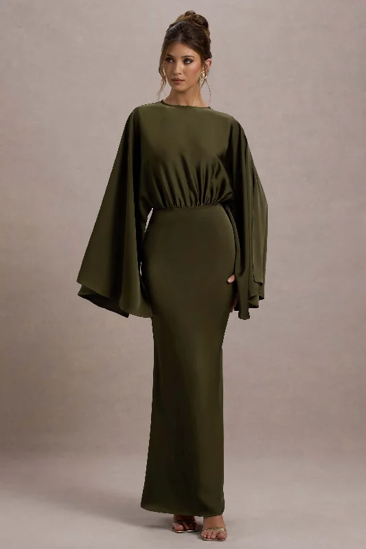 Zuzanna | Khaki Draped Maxi Dress With Cape Sleeves Satin maxi dresses