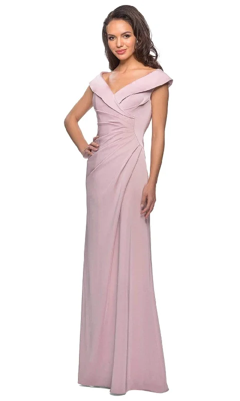 La Femme - Ruched Wide V Neck Evening Dress 26523SC Silk party dresses