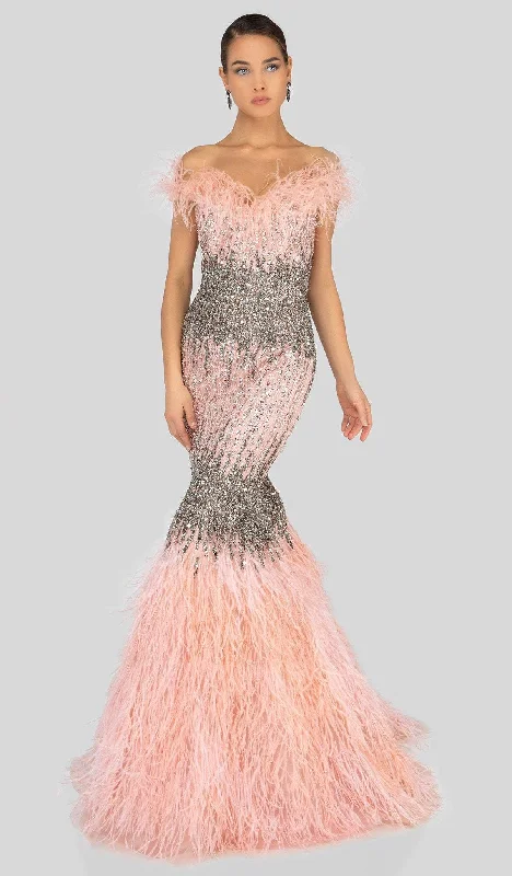 Terani Couture - 1911GL9512 Feather-Fringed Bejeweled Mermaid Gown Chic party dresses