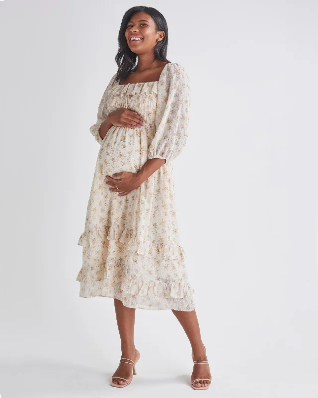 Daisy Romantic Cream Print Maternity Baby Shower Dress Velvet floral dresses