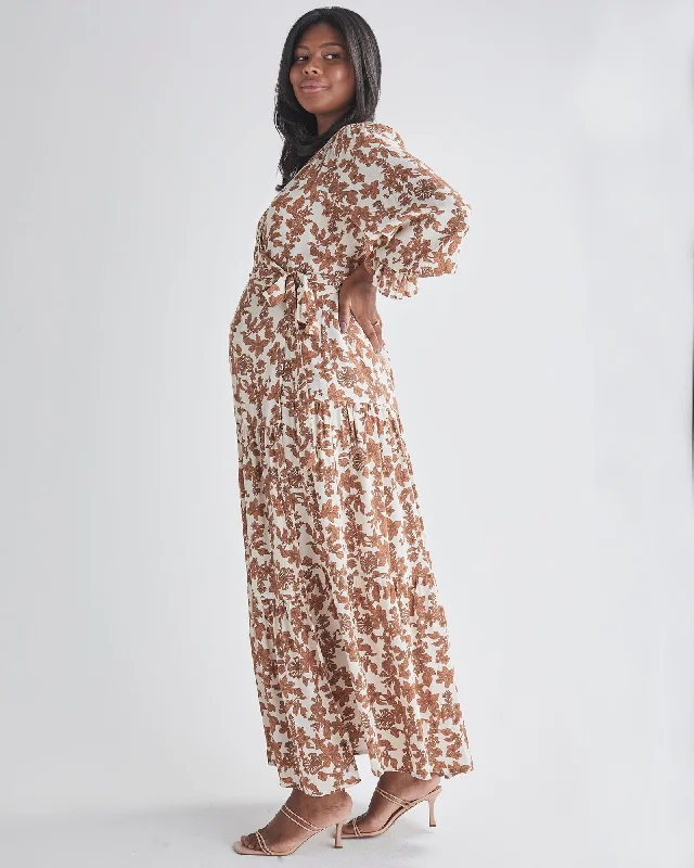 Elise Maternity Wrap Dress Nude Floral Print in White Maxi floral dresses