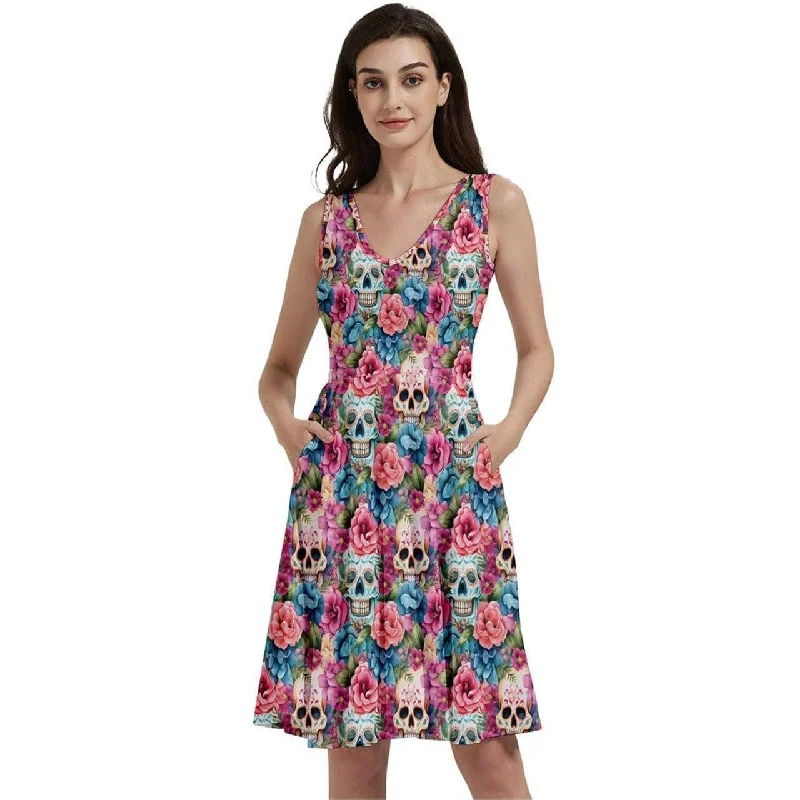 Floral Sugar Skulls Sleeveless V-Neck Skater Dress with Pockets Zara floral dresses