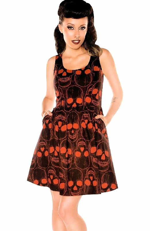 Halloween Dress Red Skull Print on Black Cotton Sleeveless with Pockets Plus size floral dresses