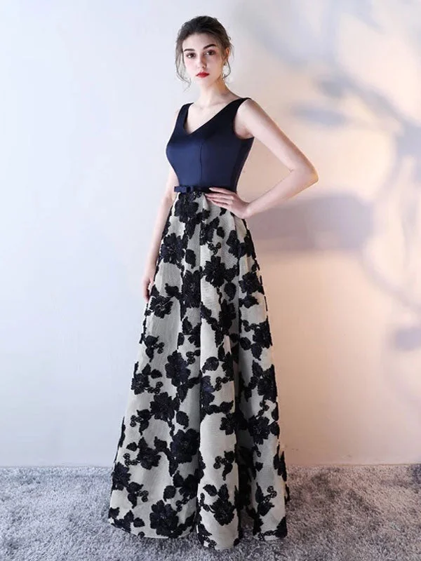 Glamorous Blue evening dress  Long Satin Floral Print Evening Dress Dark Navy V Neck Backless Floor Length Formal Dress Zara floral dresses