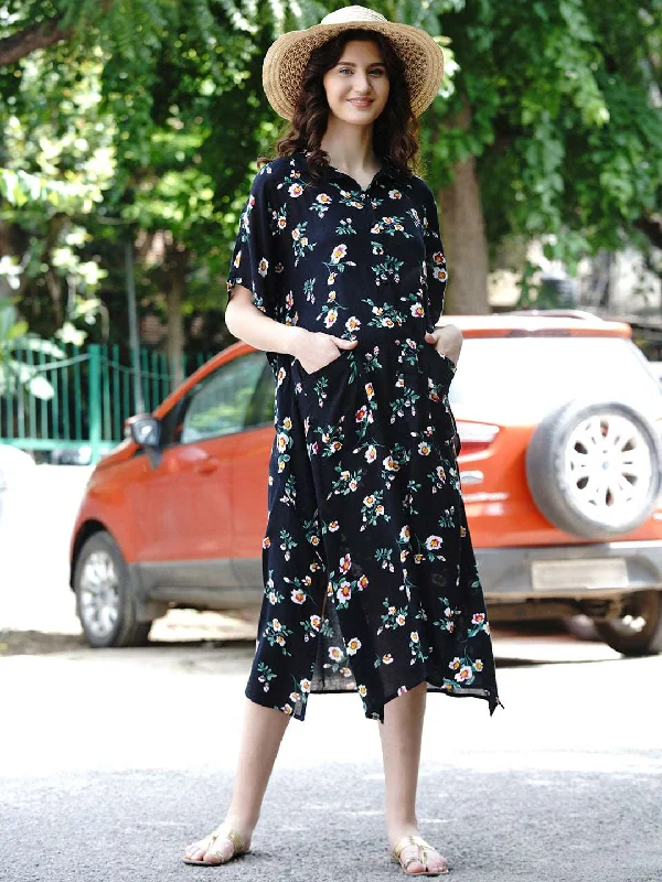 Black Floral Print Maternity Kaftaan Dress Vintage floral dresses