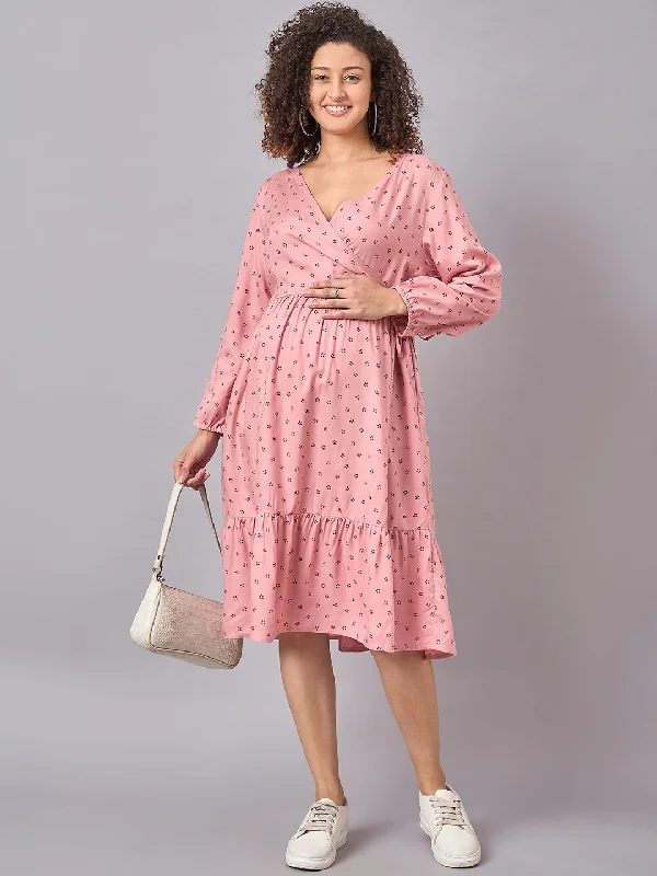 Pink Floral Printed Maternity and Nursing Dress with Side Wrap Midi floral dresses