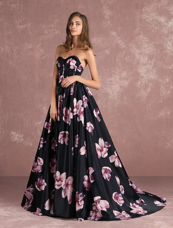 Stunning Floral Pageant Dress Black Sweatheart Strapless Long evening dress Boned Printed Chapel Train Occasion Dress Cute floral print summer dresses