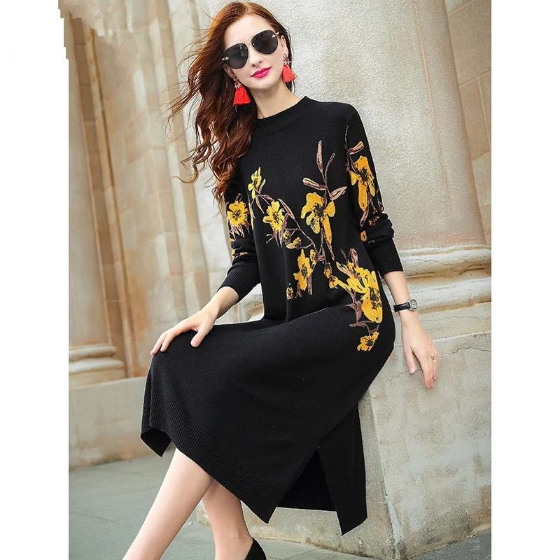 ZUOMAN Winter Vintage Loose Floral Casual Sweater Autumn 3XL Plus Size Black Knitted Sweater Dress Women Elegant Bodycon Pullove Beach floral dresses