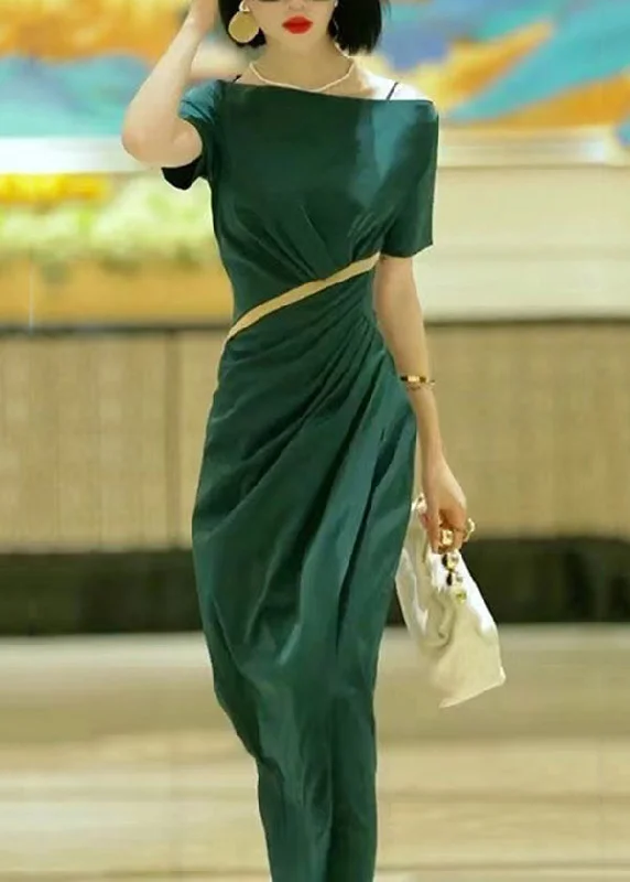 Elegant Green Slash Neck Slim Fit Cotton Dress Summer EE1017 Open-back unclassified dresses