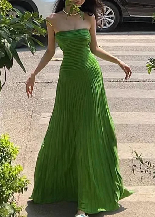 Holiday Style Green Strapless Ice Silk Waist Cinching Dress Summer EE1015 Halter unclassified dresses