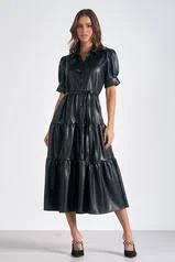 Jennifer Ruffle Sleeve Belted Vegan Leather Dress Cocktail unclassified dresses