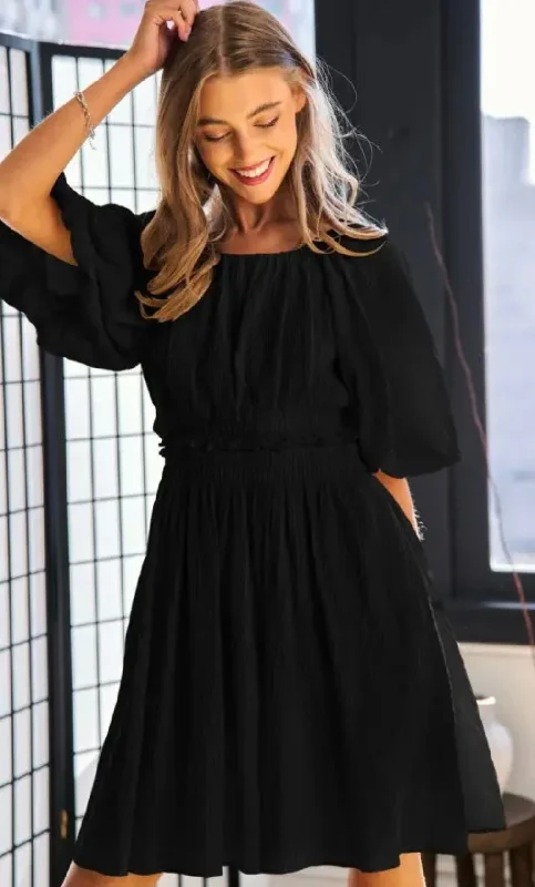 Black Puff Sleeve Back Button Dress Open-back unclassified dresses