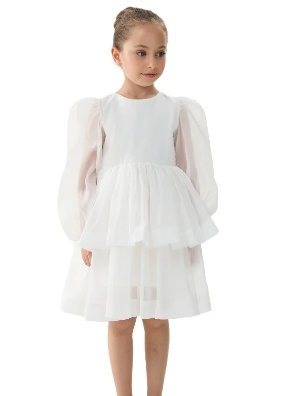 2Bunnies Girls' Organza Long Sleeve Tiered Babydoll Skater Dress Elegant Maxi Look