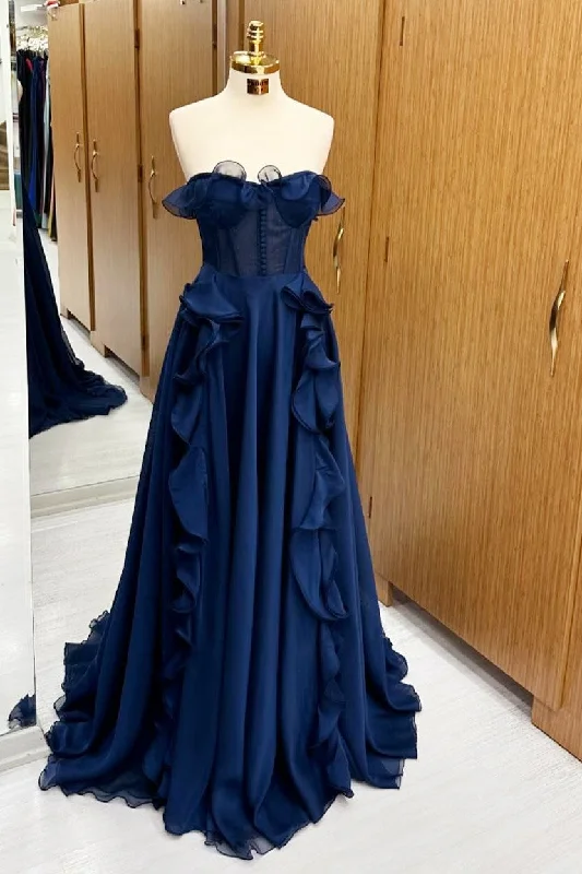 A Line Navy Blue Corset Ruffle Maxi Prom Dress Lace Maxi Skirt