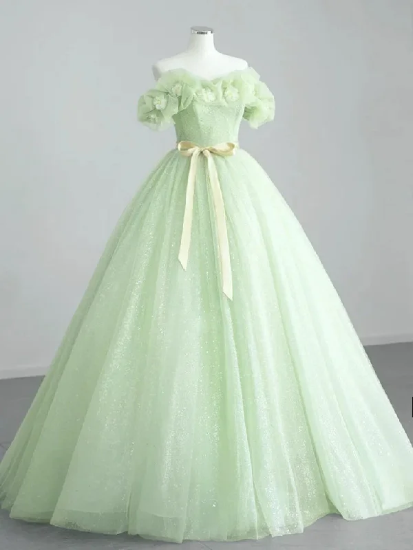 A-Line Off Shoulder Tulle Sage Green Long Prom Dresses Colorful Maxi Skirt