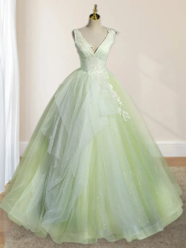 A-Line V Neck Tulle Sage Green Long Prom Quinceanera Dresses Floral Maxi Skirt