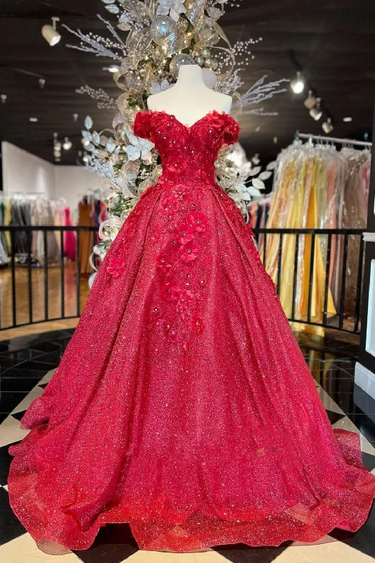 Chic Ball Gown V Neck Beads Appliques Red Off-the-Shoulder Long Quinceanera Dresses With Petticoat Pleated A-line Skirt