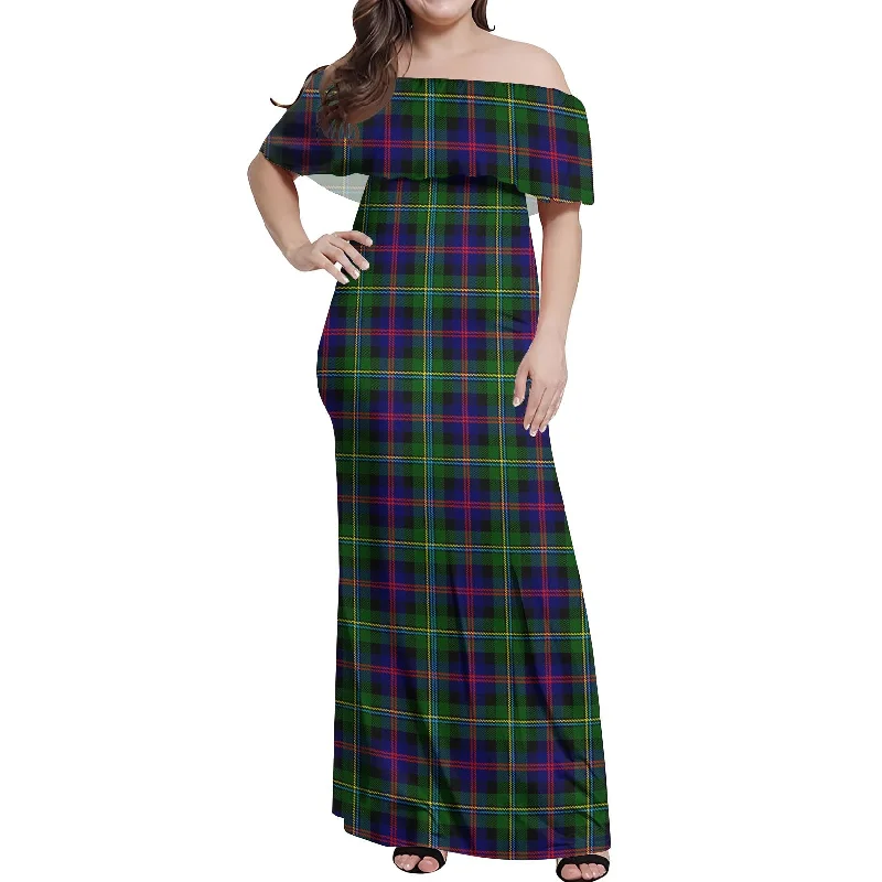 Malcolm Tartan Off Shoulder Long Dress Denim Maxi Skirt