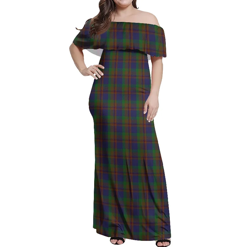 Mann Tartan Off Shoulder Long Dress High-Waist Maxi Skirt