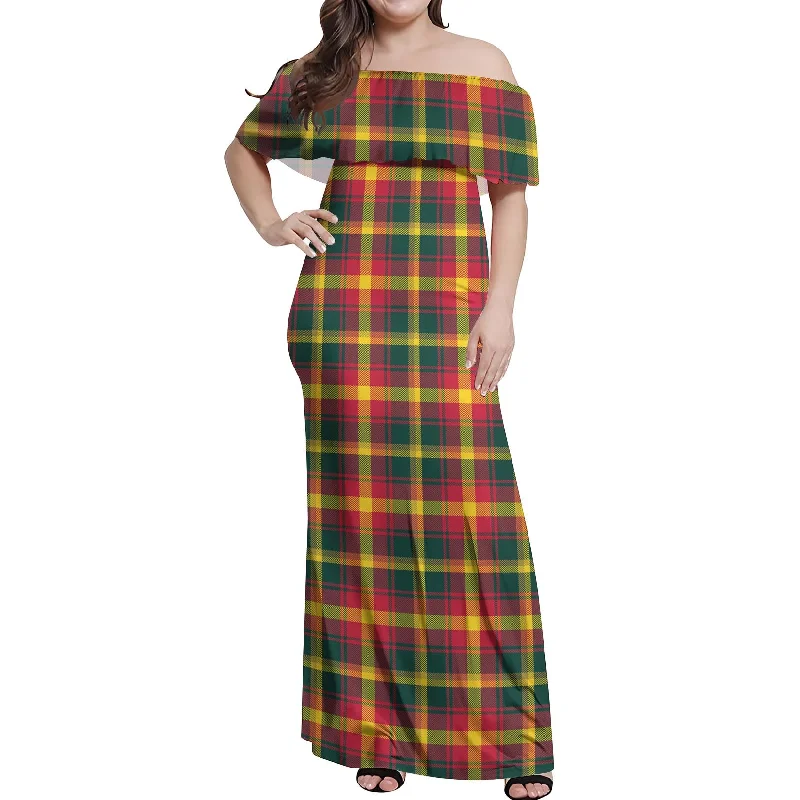 Maple Leaf Canada Tartan Off Shoulder Long Dress Cozy Maxi Dress