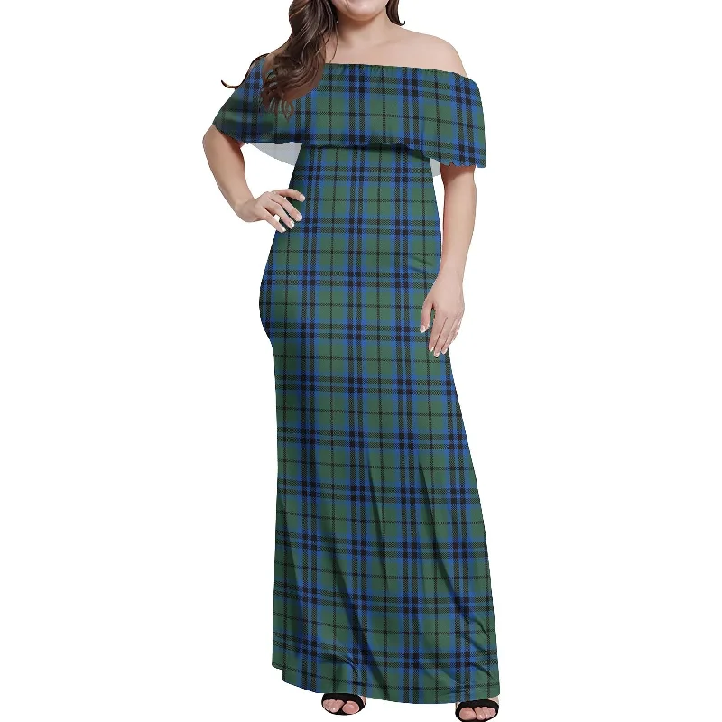 Marshall Tartan Off Shoulder Long Dress Pleated Maxi Skirt