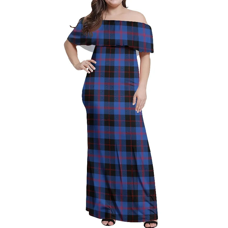 Maule Tartan Off Shoulder Long Dress Ruffle Maxi Skirt