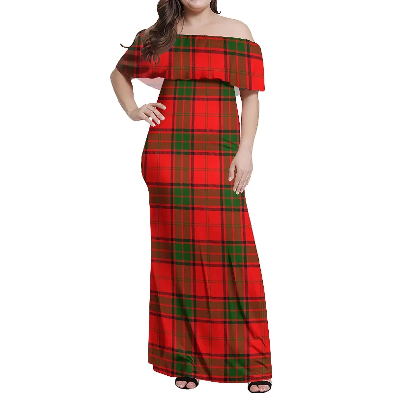 Maxtone Tartan Off Shoulder Long Dress Floral A-line Skirt