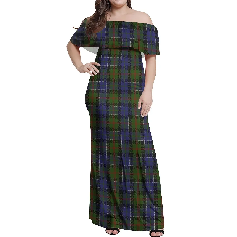 McFadzen #03 Tartan Off Shoulder Long Dress Satin Maxi Skirt