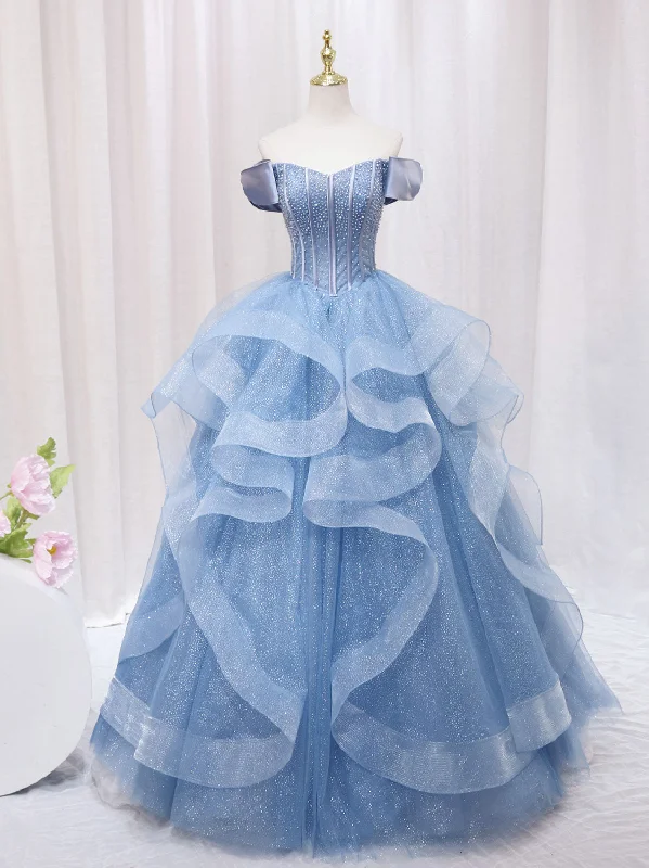 Quinceanera Dress A-Line Blue Tulle Long Prom Dress Blue Sweet Dress V-neck Maxi Skirt