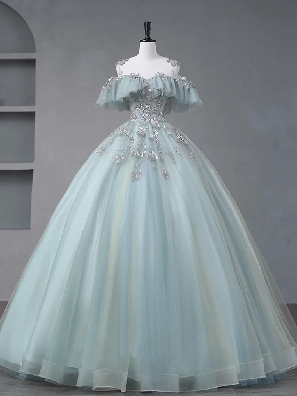 Quinceanera Dress A-Line Blue Tulle sequin Lace Long Prom Dress Blue Lace Sweet Dress Maxi Skirt Trend