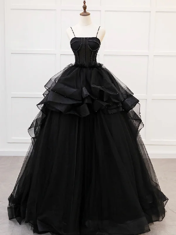 Quinceanera Dress A-Line Tulle Beads Black Long Prom Dress Black Sweet Dress Midi Maxi Skirt