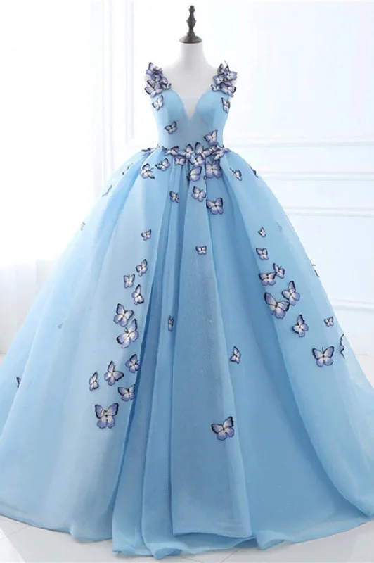 Quinceanera Dress Blue Butterfly Flowers Lace Up Ball Gowns Long Prom Dresses Silk Maxi Skirt