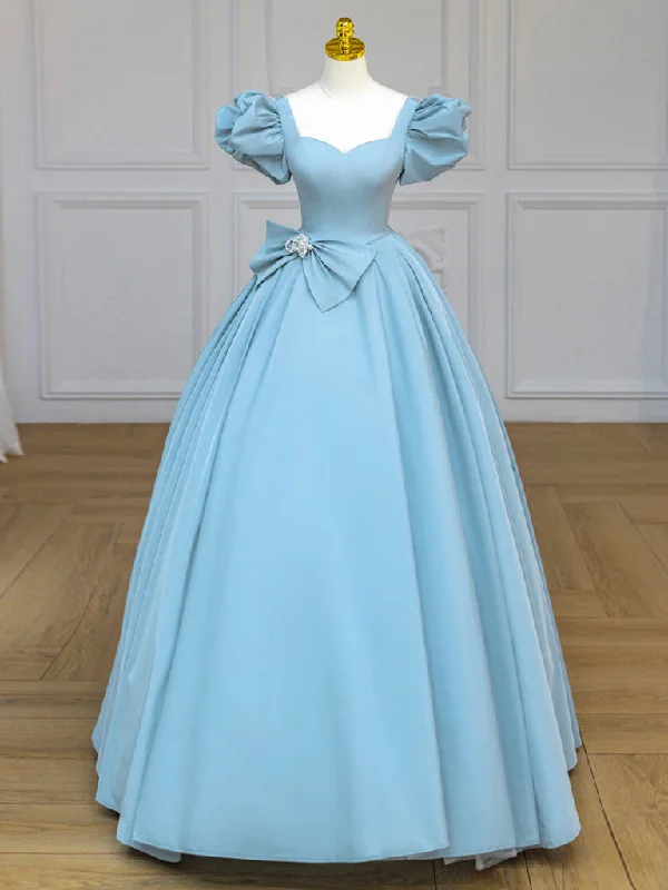 Quinceanera Dress Blue Satin Puff Sleeves Long Prom Gown Blue Long Sweet Dress Ruffle Maxi Skirt