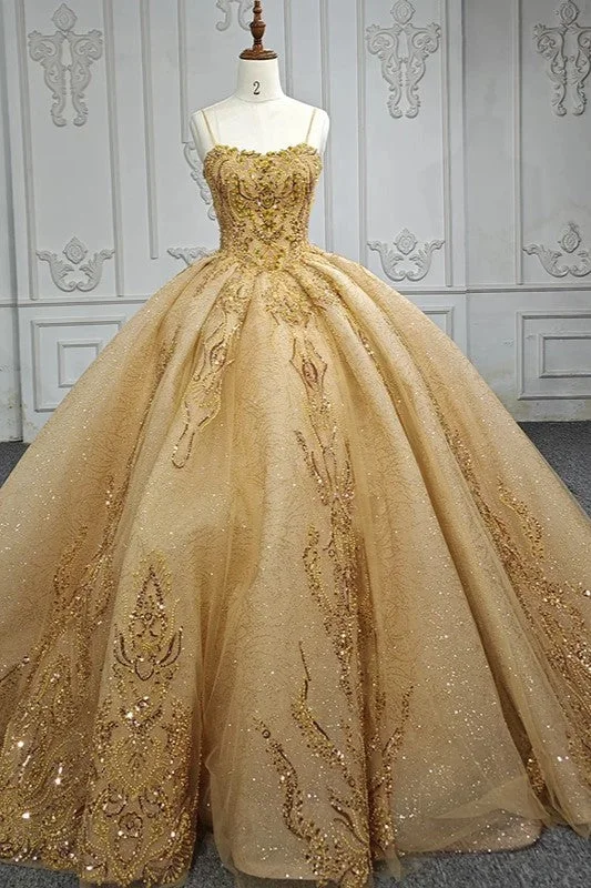 Quinceanera Dress Gold Beading Formal Long Evening Dress Spaghetti Straps Ball Gown Ruffled Maxi Skirt