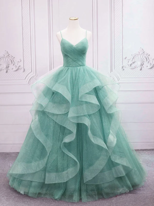 Quinceanera Dress Green V Neck Tulle Long Prom Dress Green Sweet Dress Summer Beach Maxi